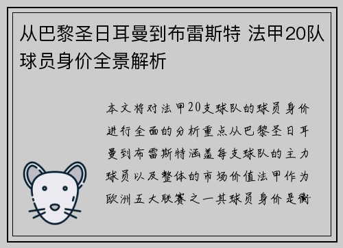 从巴黎圣日耳曼到布雷斯特 法甲20队球员身价全景解析