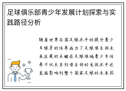 足球俱乐部青少年发展计划探索与实践路径分析