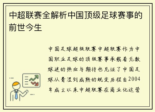 中超联赛全解析中国顶级足球赛事的前世今生