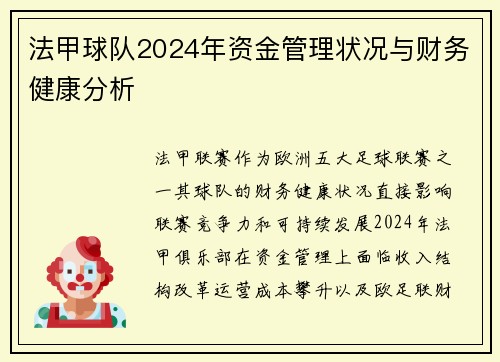 法甲球队2024年资金管理状况与财务健康分析